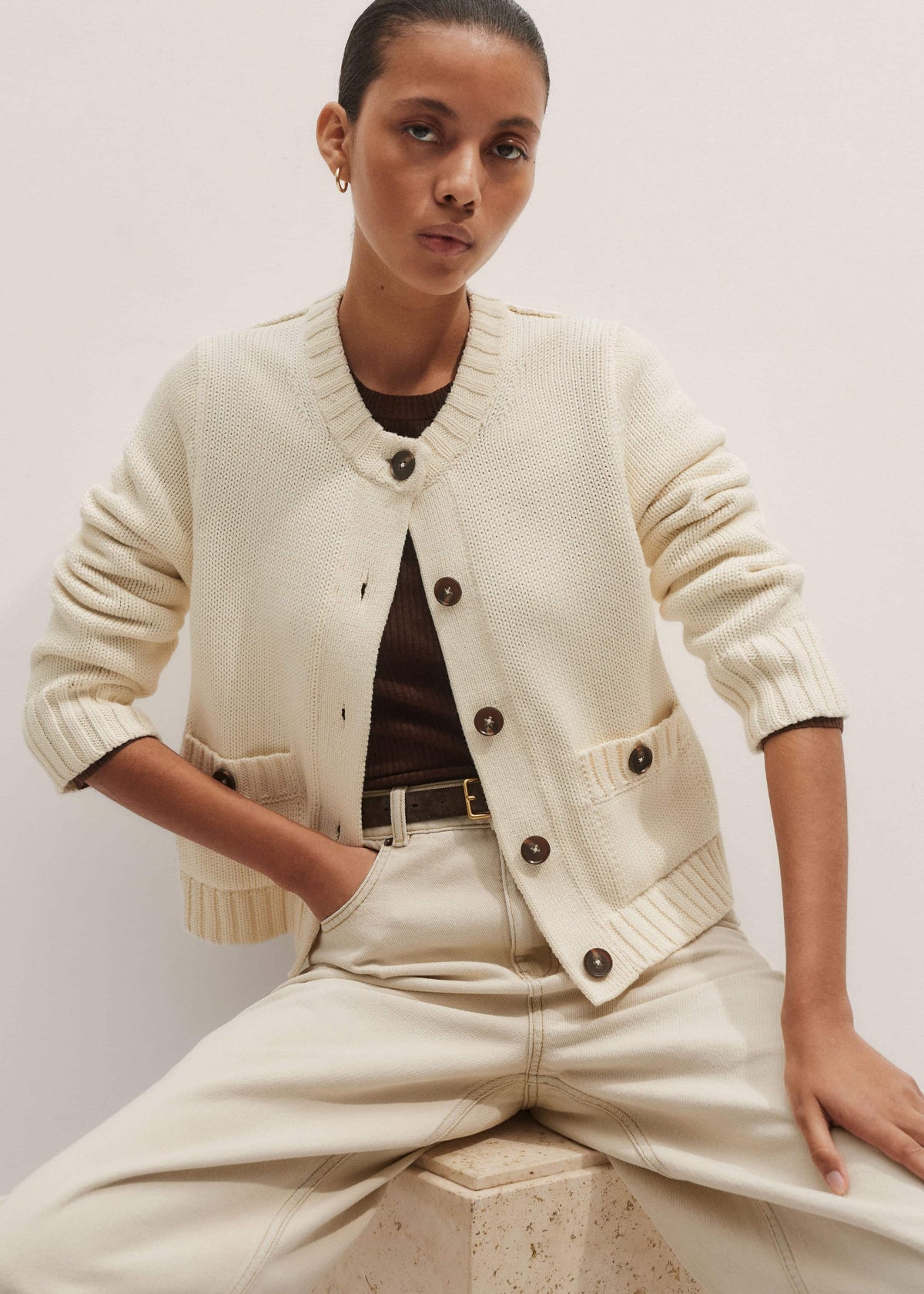 Cream Bracelet Sleeve Cropped Cardigan | ME+EM Clothing