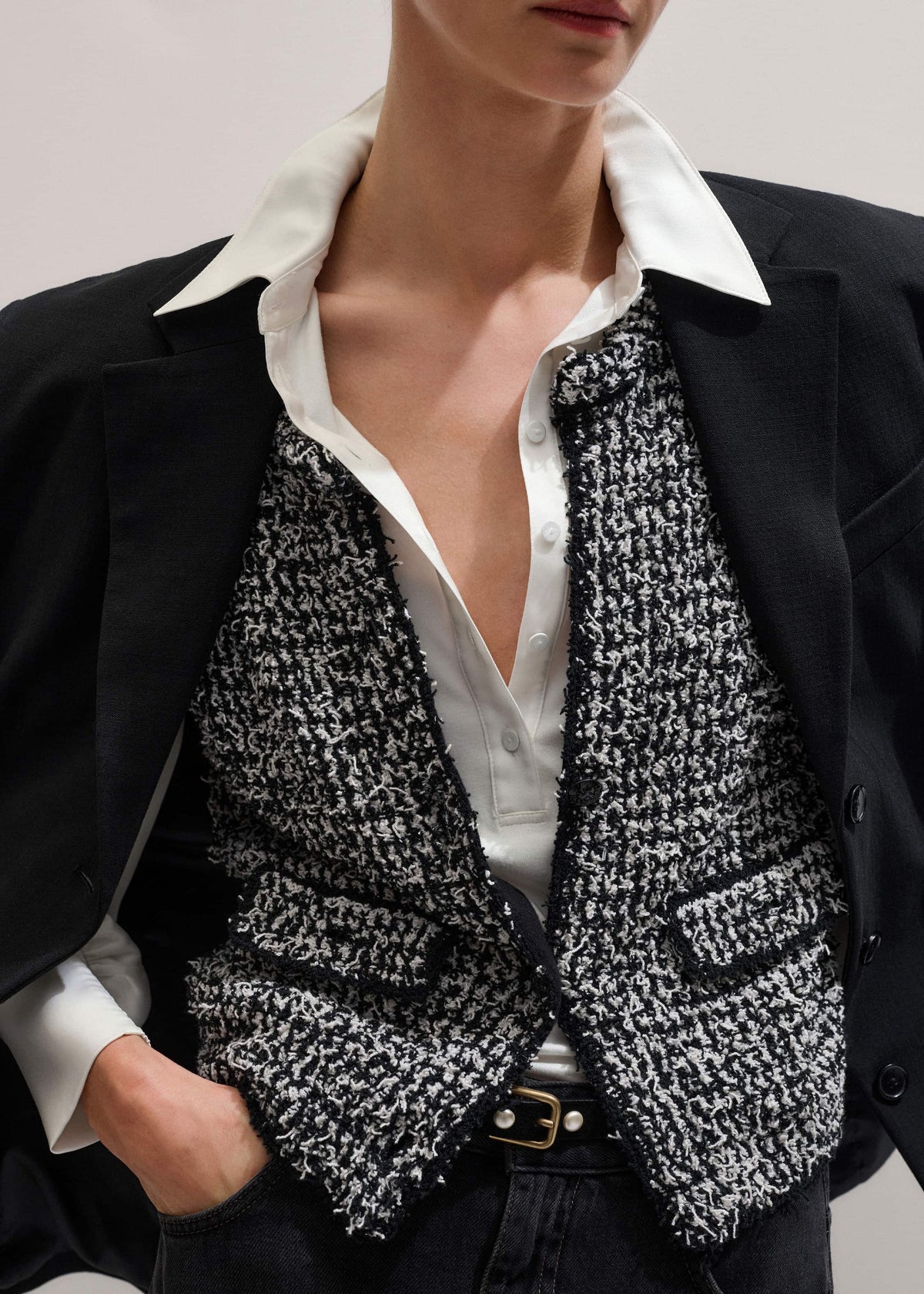 Black Tweed Knit Pouf Sleeve Crop Jacket | ME+EM Clothing