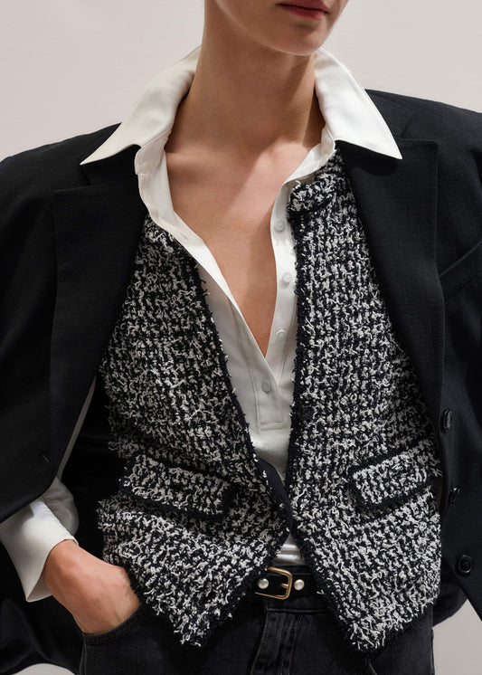 Black Tweed Knit Pouf Sleeve Crop Jacket | ME+EM Clothing