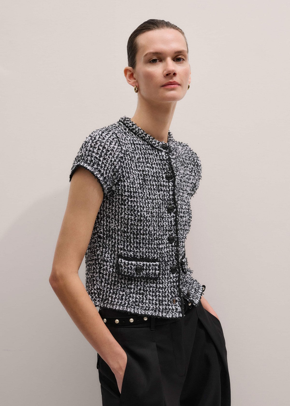 Black Tweed Knit Pouf Sleeve Crop Jacket | ME+EM Clothing