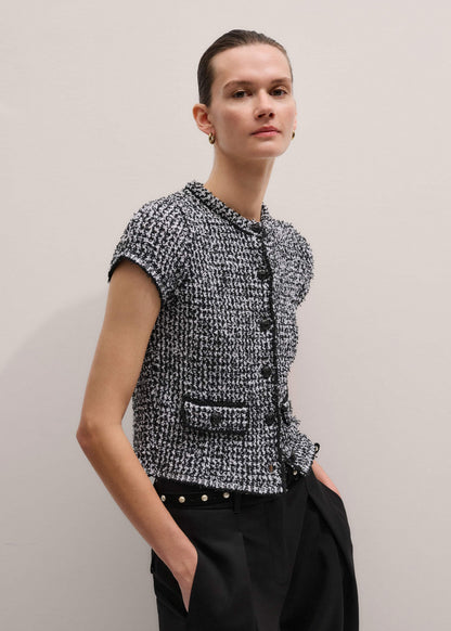 Black Tweed Knit Pouf Sleeve Crop Jacket | ME+EM Clothing