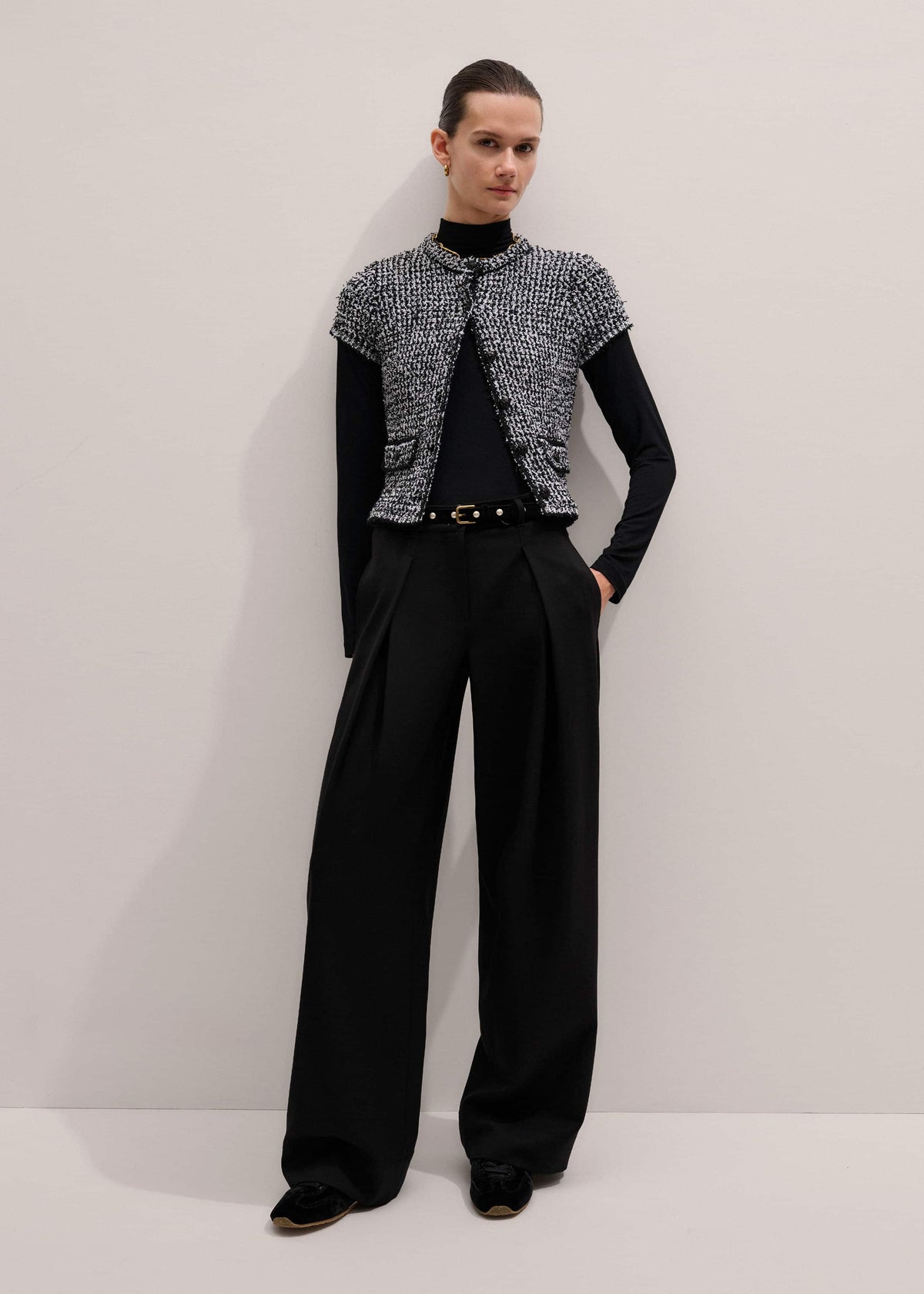 Black Tweed Knit Pouf Sleeve Crop Jacket | ME+EM Clothing