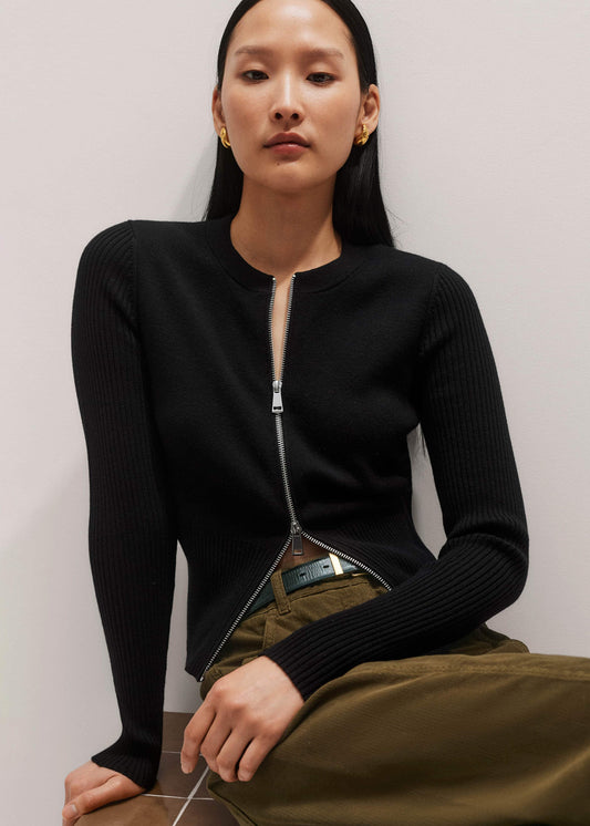 Black Milano Knit Two-Way Zip Cardigan | ME+EM Clothing