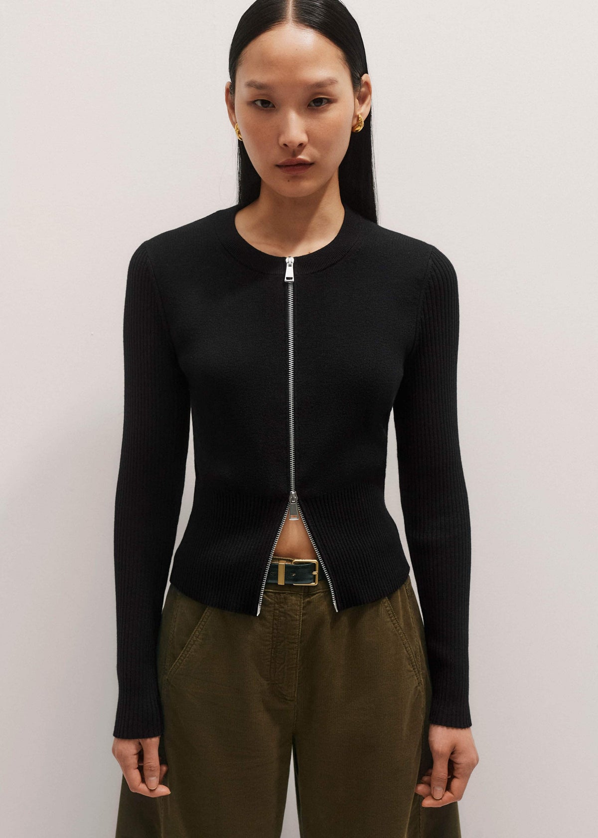 Black Milano Knit Two-Way Zip Cardigan | ME+EM Clothing