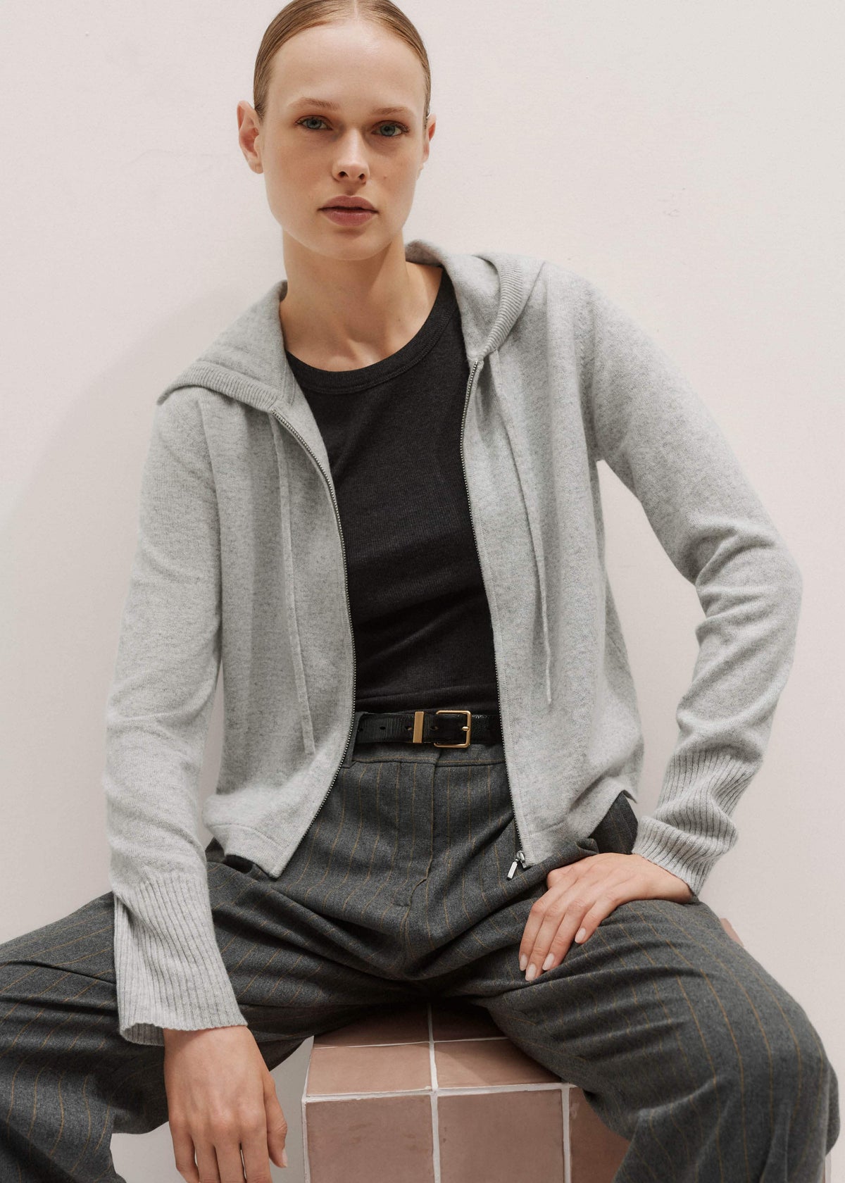 Silver Gray Mélange Cashmere Relaxed Fit Box Zip Hoodie | ME+EM Clothing