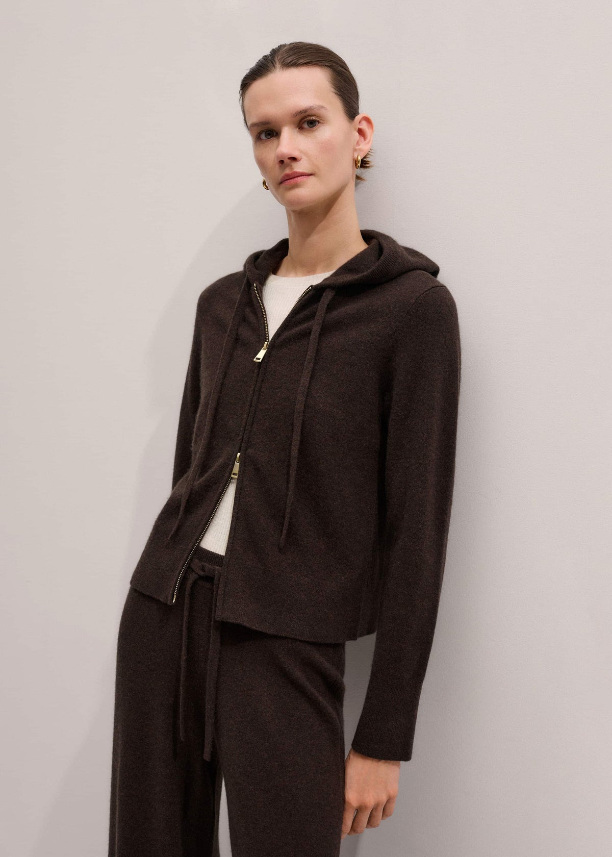 Brown Cashmere Two Way Zip Straight Hoodie | ME+EM Clothing