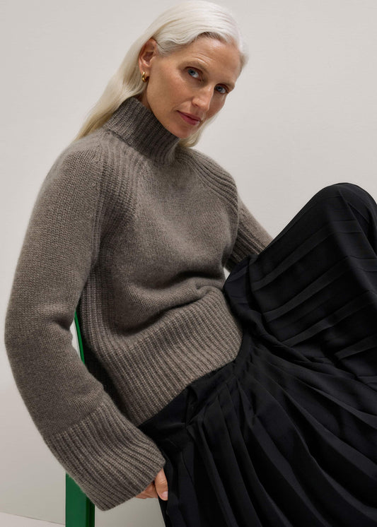 Brown Cashmere High Neck Relaxed Statement Sweater | ME+EM Clothing