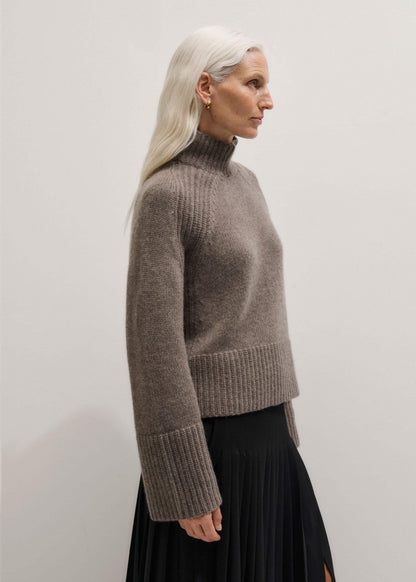 Brown Cashmere High Neck Relaxed Statement Sweater | ME+EM Clothing