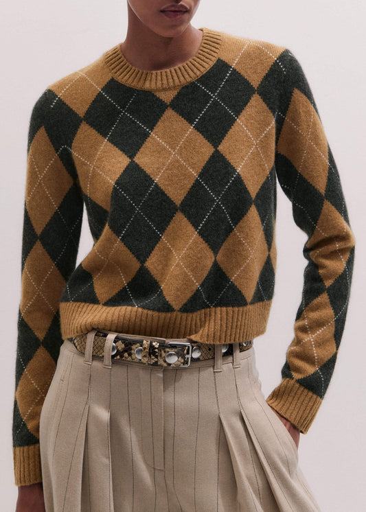 Brown Cashmere Relaxed Argyle Sweater | ME+EM Clothing