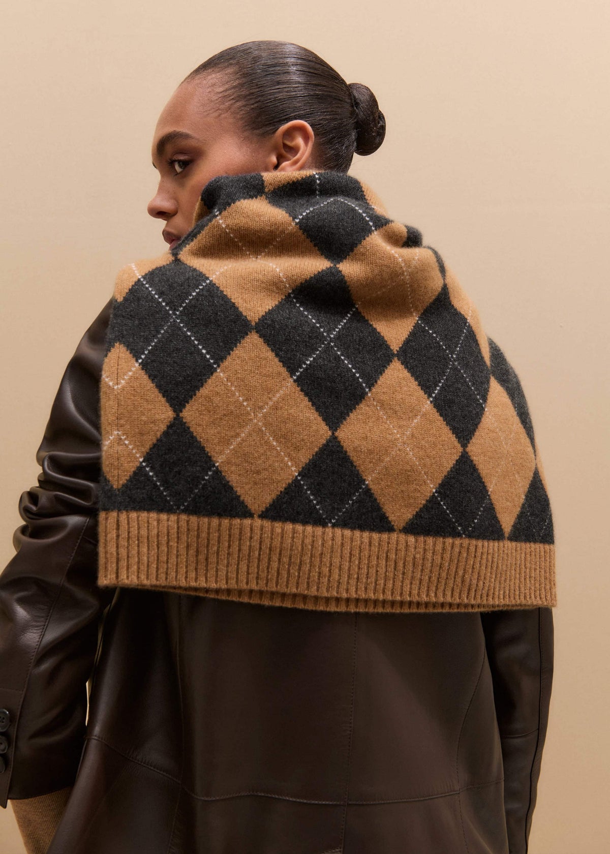 Brown Cashmere Relaxed Argyle Sweater | ME+EM Clothing