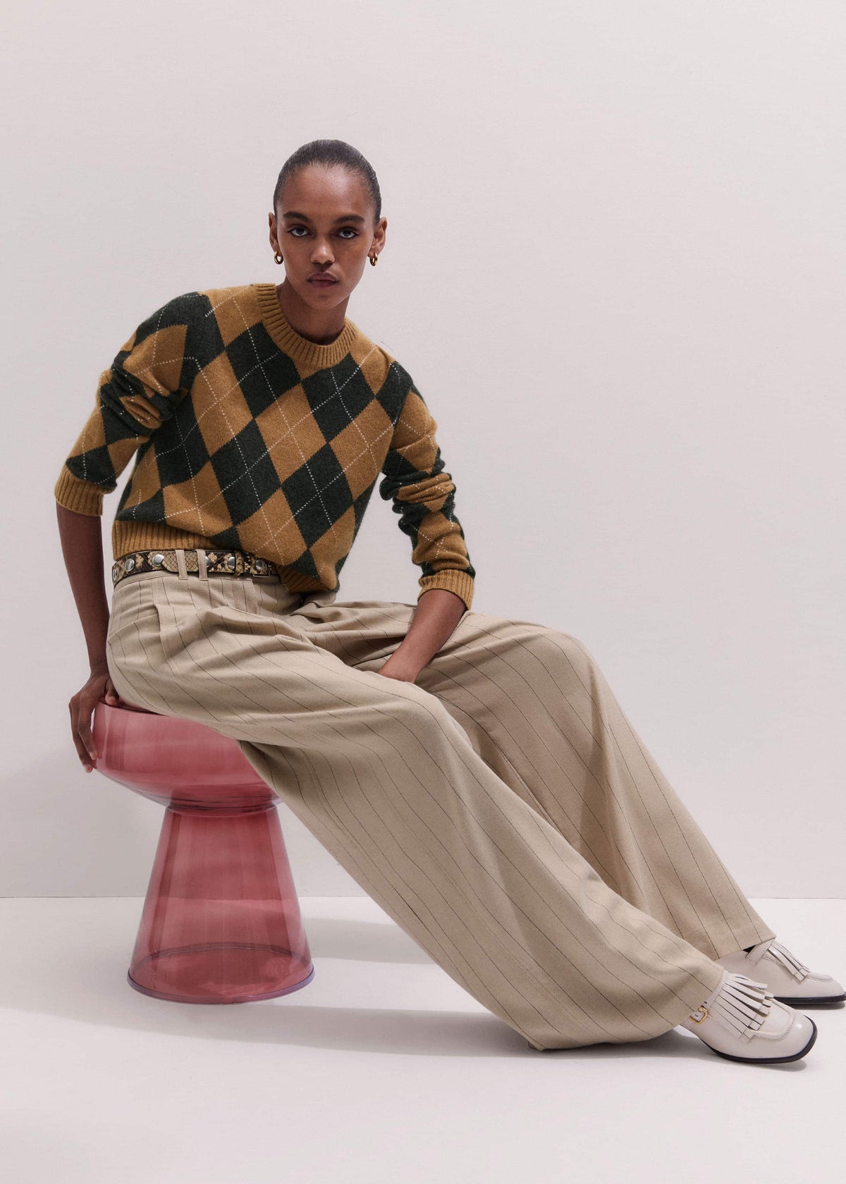 Brown Cashmere Relaxed Argyle Sweater | ME+EM Clothing