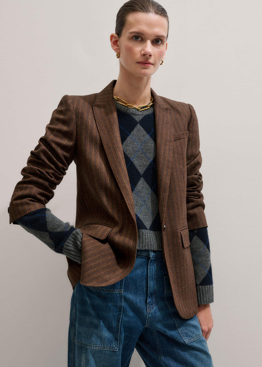Brown Pinstripe Sharp Shoulder Blazer | ME+EM Clothing