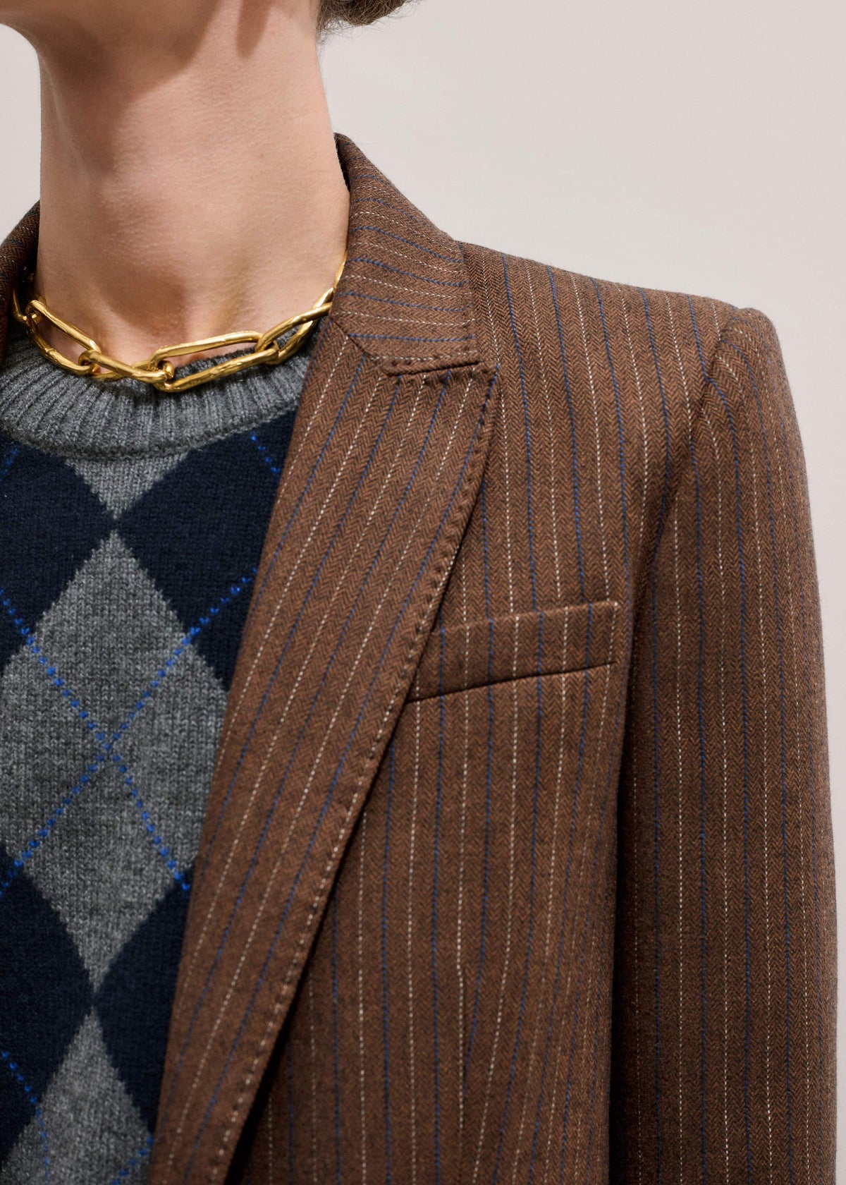 Brown Pinstripe Sharp Shoulder Blazer | ME+EM Clothing