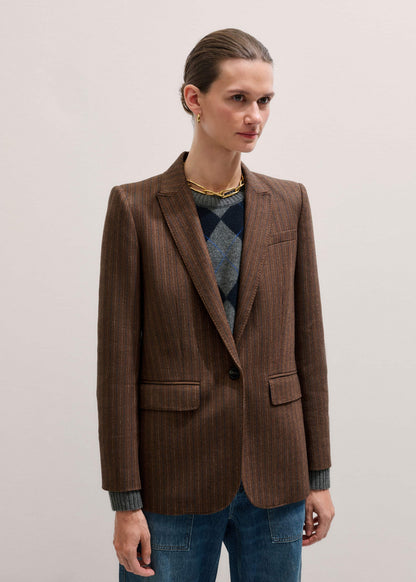 Brown Pinstripe Sharp Shoulder Blazer | ME+EM Clothing
