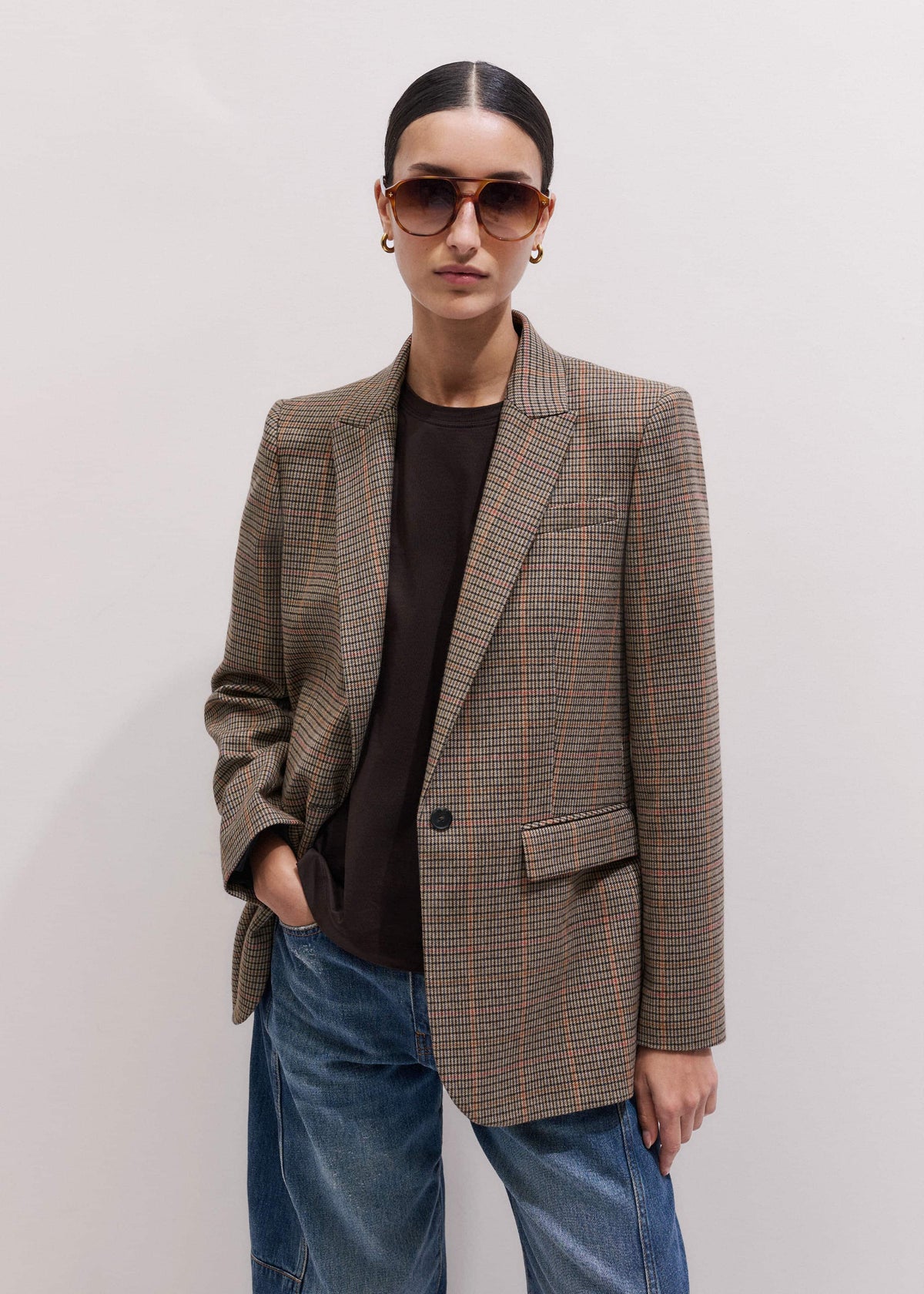 Brown Check Sharp Shoulder Blazer | ME+EM Clothing
