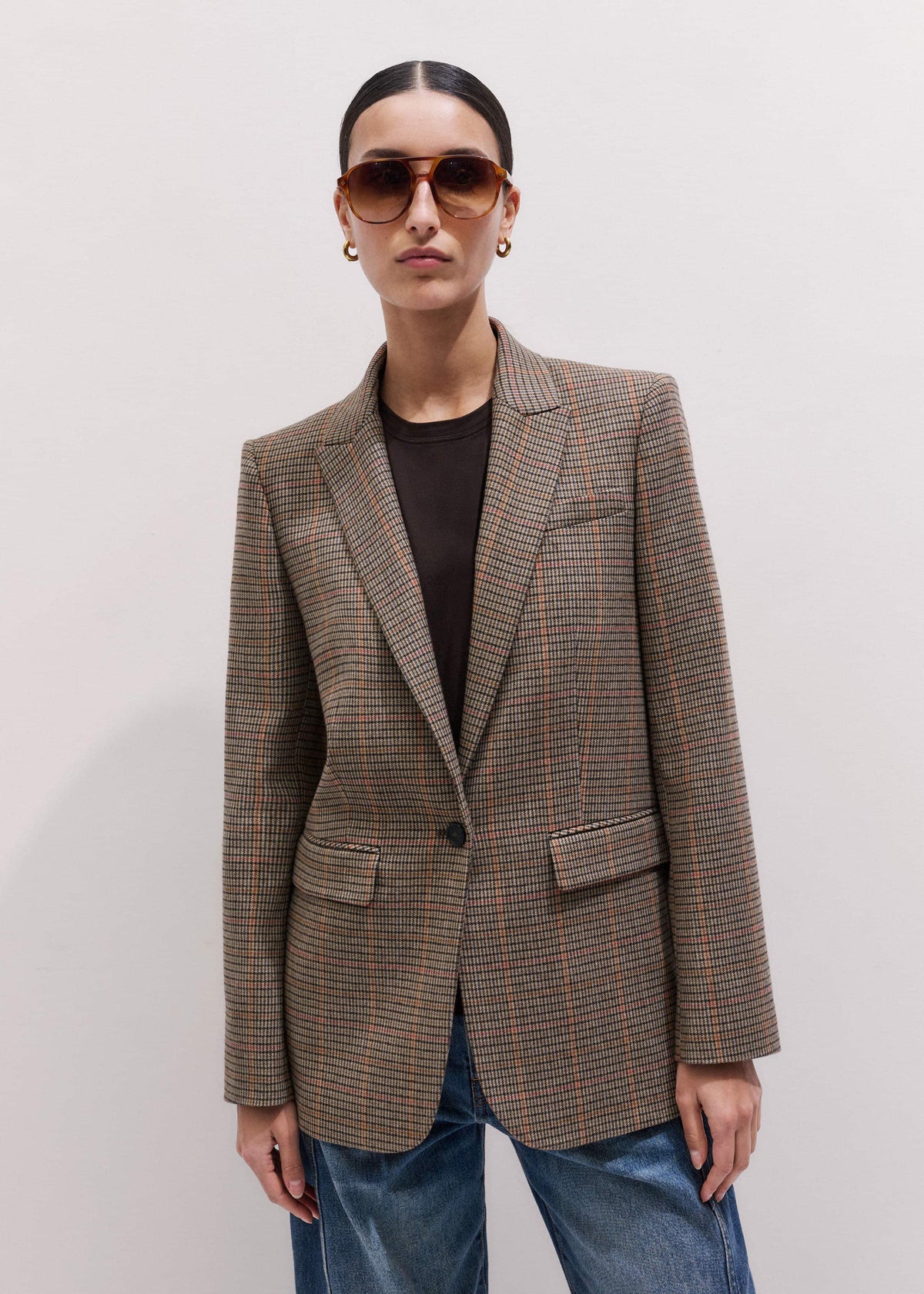 Brown Check Sharp Shoulder Blazer | ME+EM Clothing