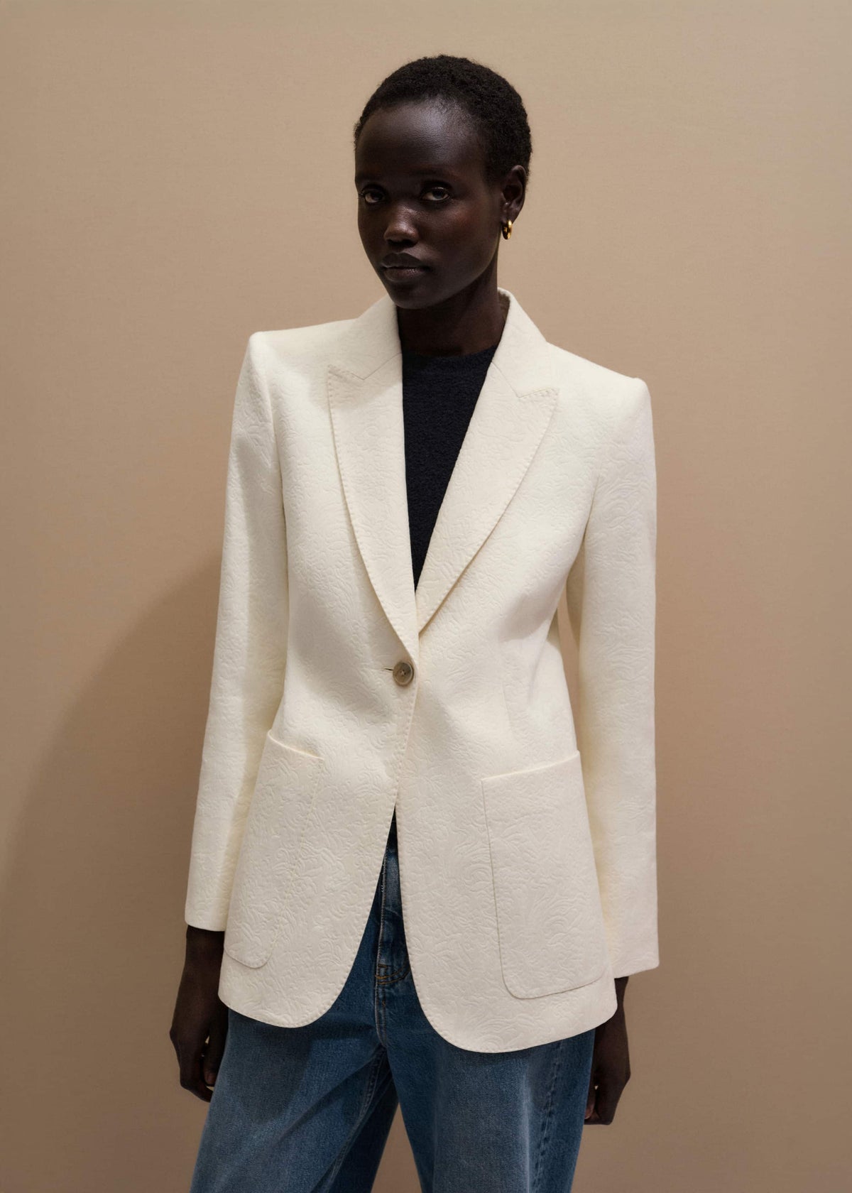 Ivory Luxe Jacquard Sharp Shoulder Blazer | ME+EM Clothing