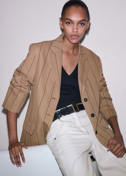 Tan Icon Intelligently Oversized Pinstripe Blazer | ME+EM Clothing