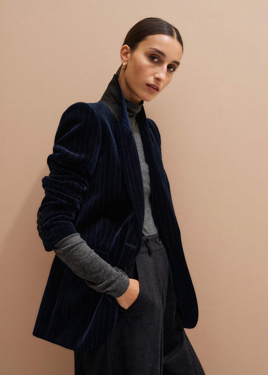 Navy Pinstripe Velvet Sharp Shoulder Blazer | ME+EM Clothing