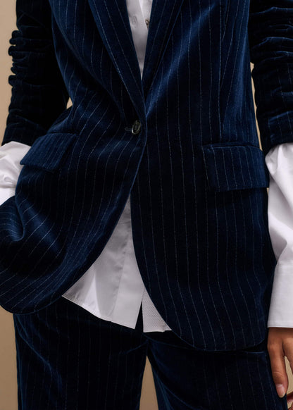 Navy Pinstripe Velvet Sharp Shoulder Blazer | ME+EM Clothing