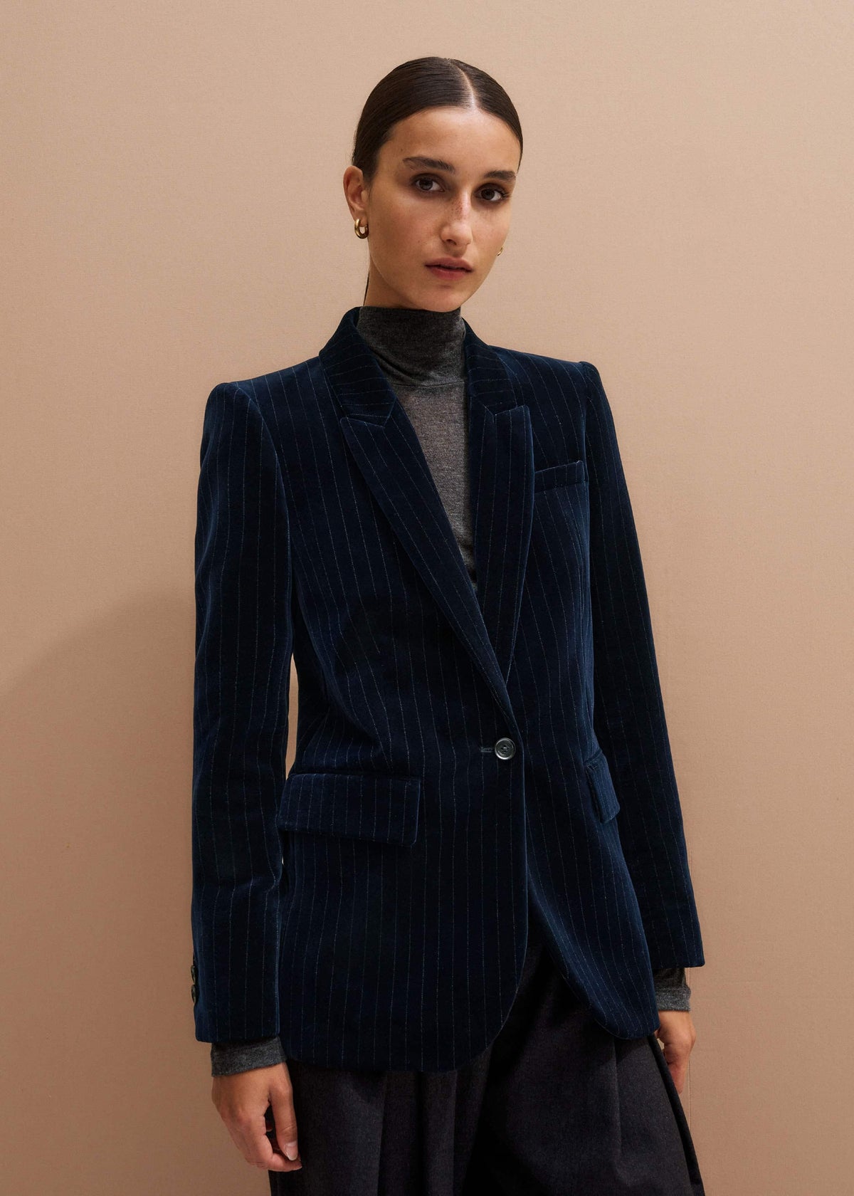 Navy Pinstripe Velvet Sharp Shoulder Blazer | ME+EM Clothing