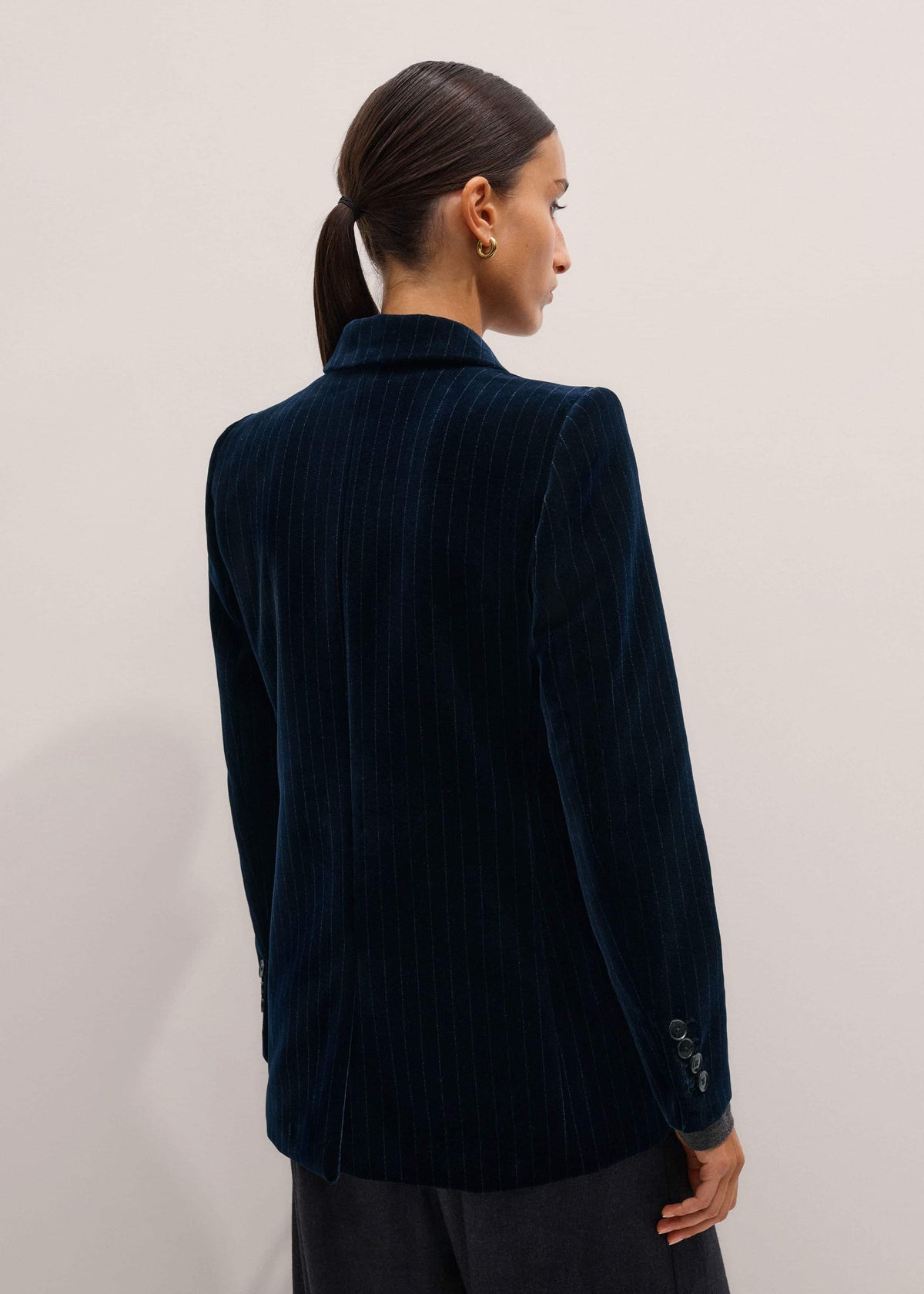 Navy Pinstripe Velvet Sharp Shoulder Blazer | ME+EM Clothing