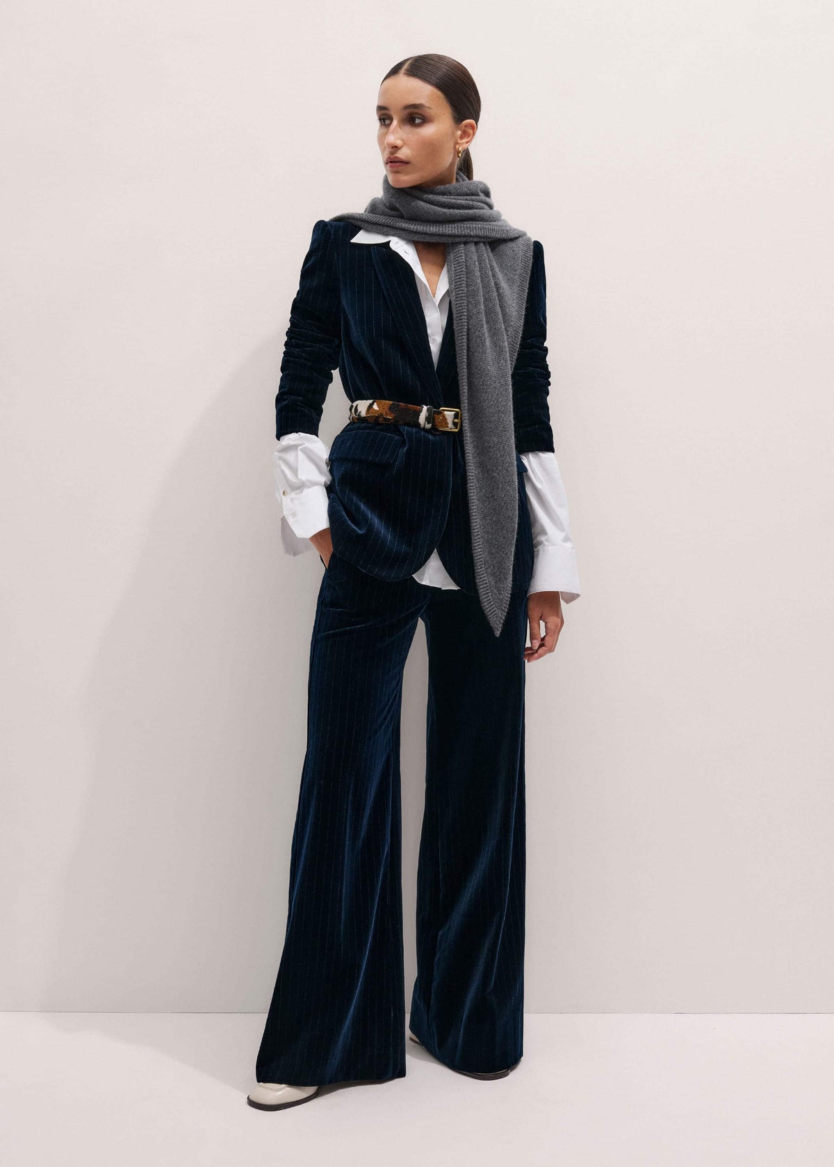 Navy Pinstripe Velvet Sharp Shoulder Blazer | ME+EM Clothing