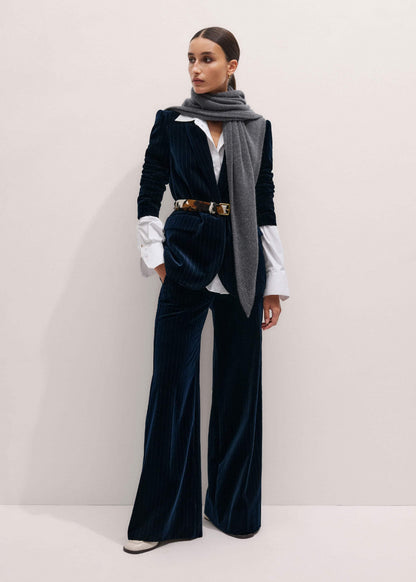Navy Pinstripe Velvet Sharp Shoulder Blazer | ME+EM Clothing
