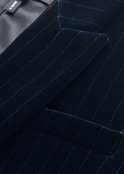 Navy Pinstripe Velvet Sharp Shoulder Blazer | ME+EM Clothing