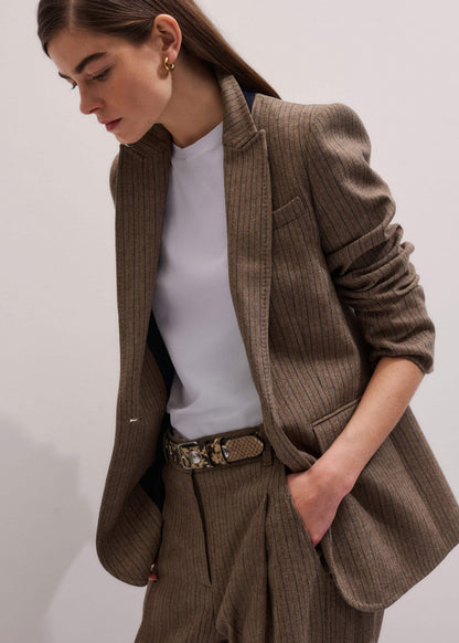 Mocha Brown Pinstripe Sharp Shoulder Blazer | ME+EM Clothing