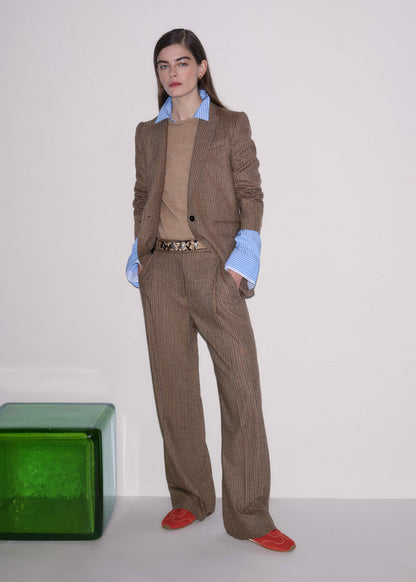 Mocha Brown Pinstripe Sharp Shoulder Blazer | ME+EM Clothing