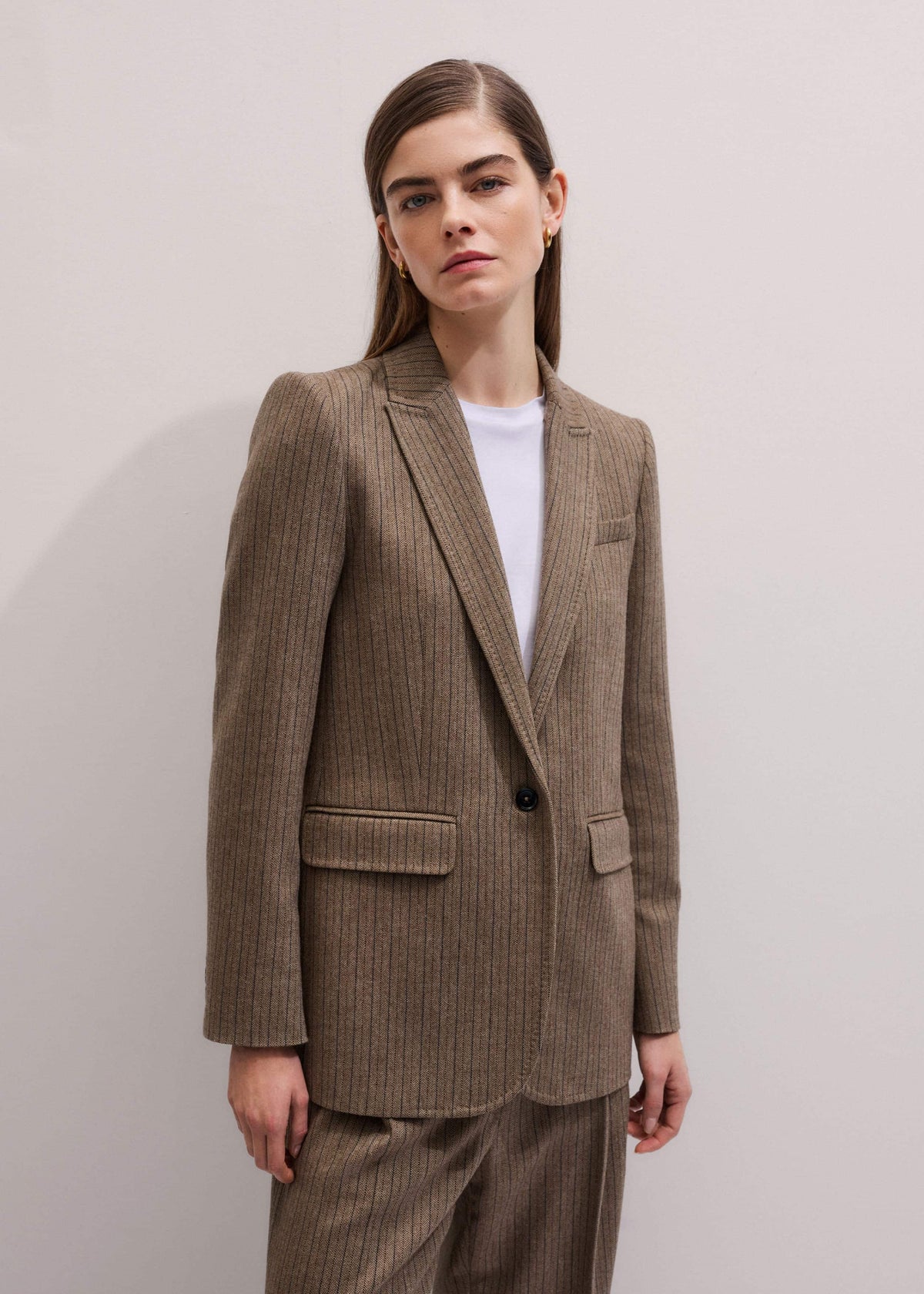 Mocha Brown Pinstripe Sharp Shoulder Blazer | ME+EM Clothing