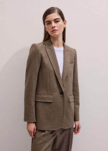 Mocha Brown Pinstripe Sharp Shoulder Blazer | ME+EM Clothing