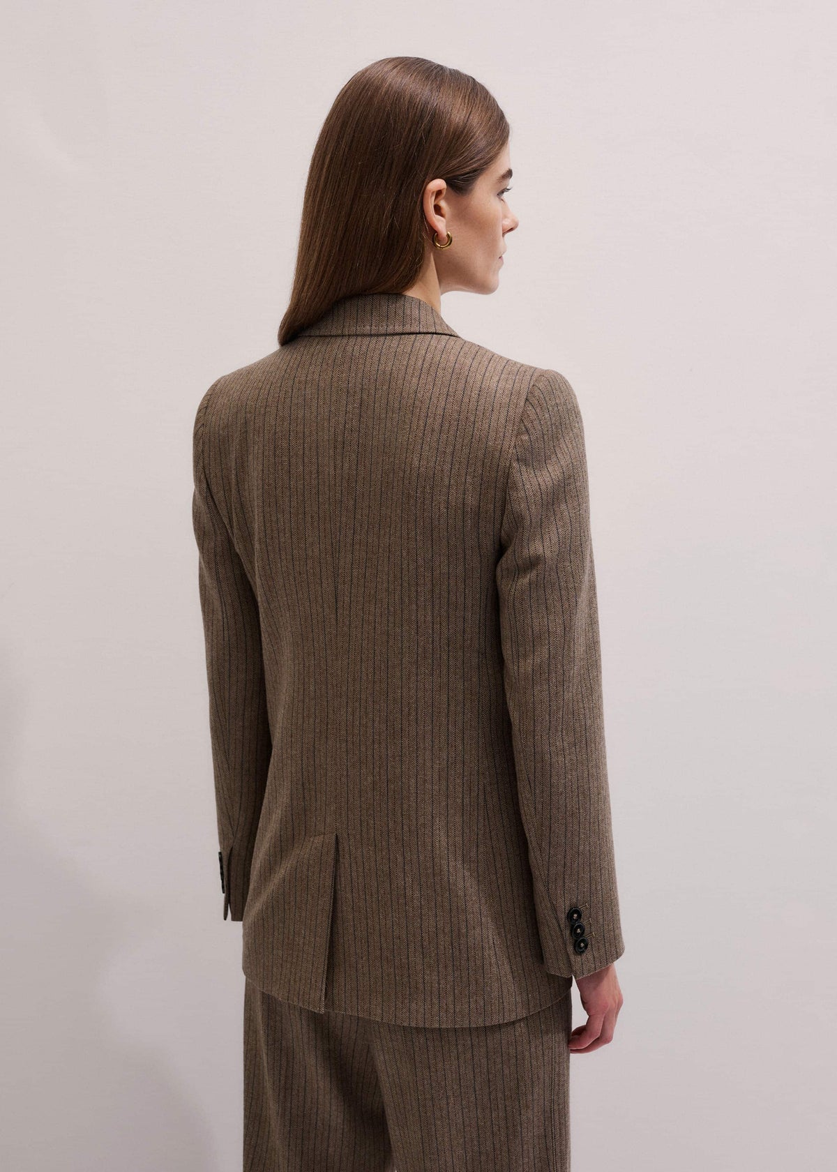 Mocha Brown Pinstripe Sharp Shoulder Blazer | ME+EM Clothing