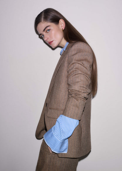 Mocha Brown Pinstripe Sharp Shoulder Blazer | ME+EM Clothing