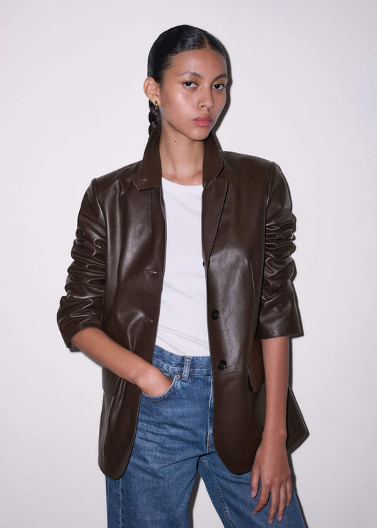 Brown Leather Luxe Relaxed Boyfriend Blazer | ME+EM Clothing