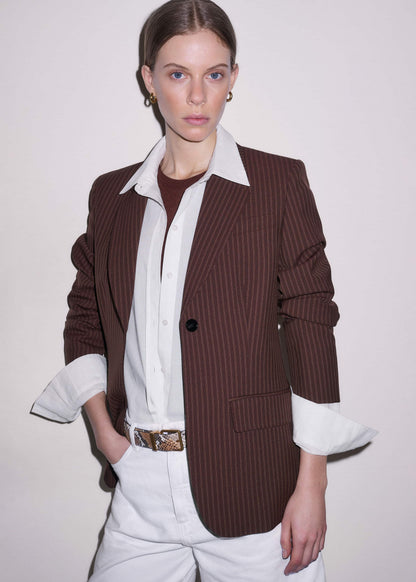 Cinnamon Pinstripe Sharp Shoulder Contour Blazer | ME+EM Clothing