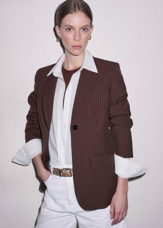 Cinnamon Pinstripe Sharp Shoulder Contour Blazer | ME+EM Clothing