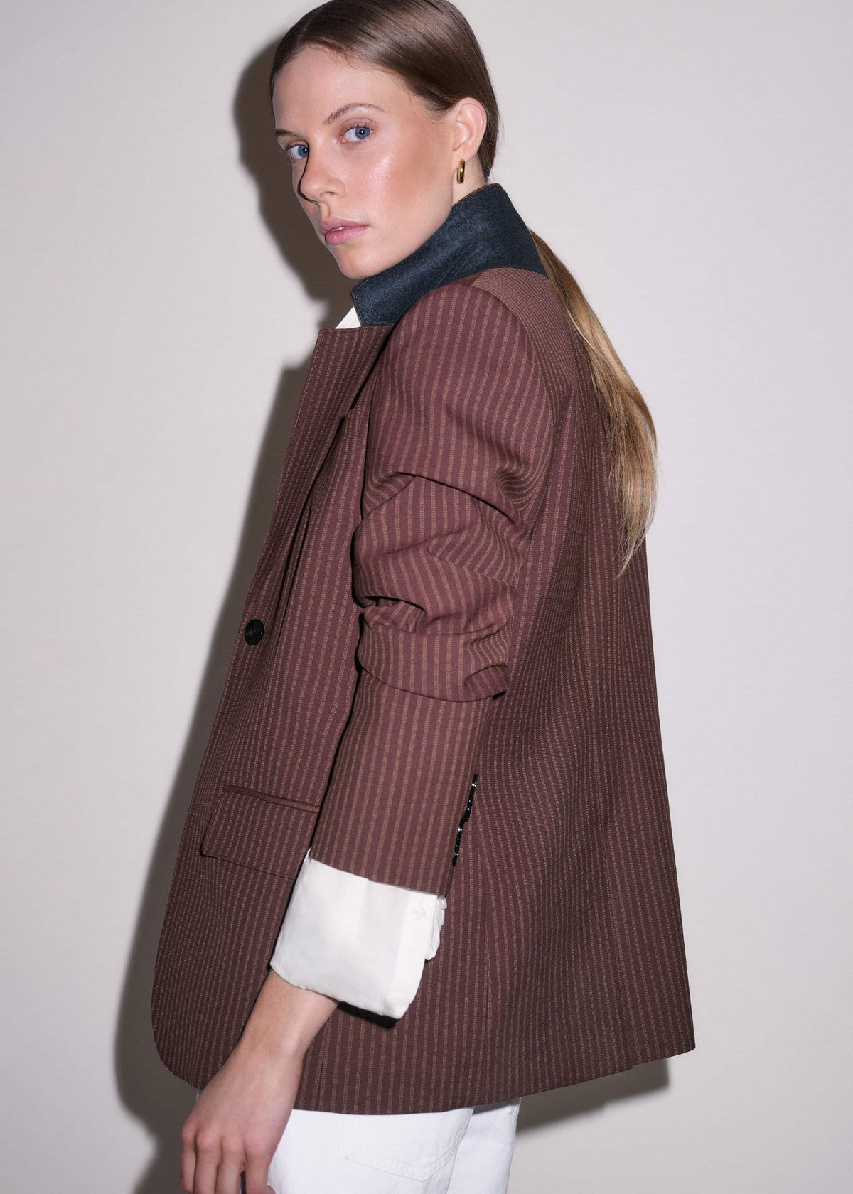 Cinnamon Pinstripe Sharp Shoulder Contour Blazer | ME+EM Clothing