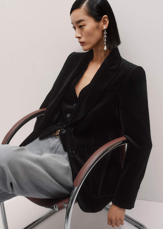 Black Stretch Velvet Sharp Shoulder Blazer | ME+EM Clothing