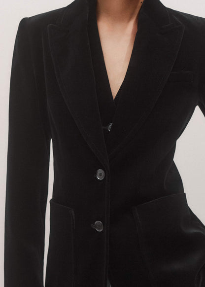 Black Stretch Velvet Sharp Shoulder Blazer | ME+EM Clothing