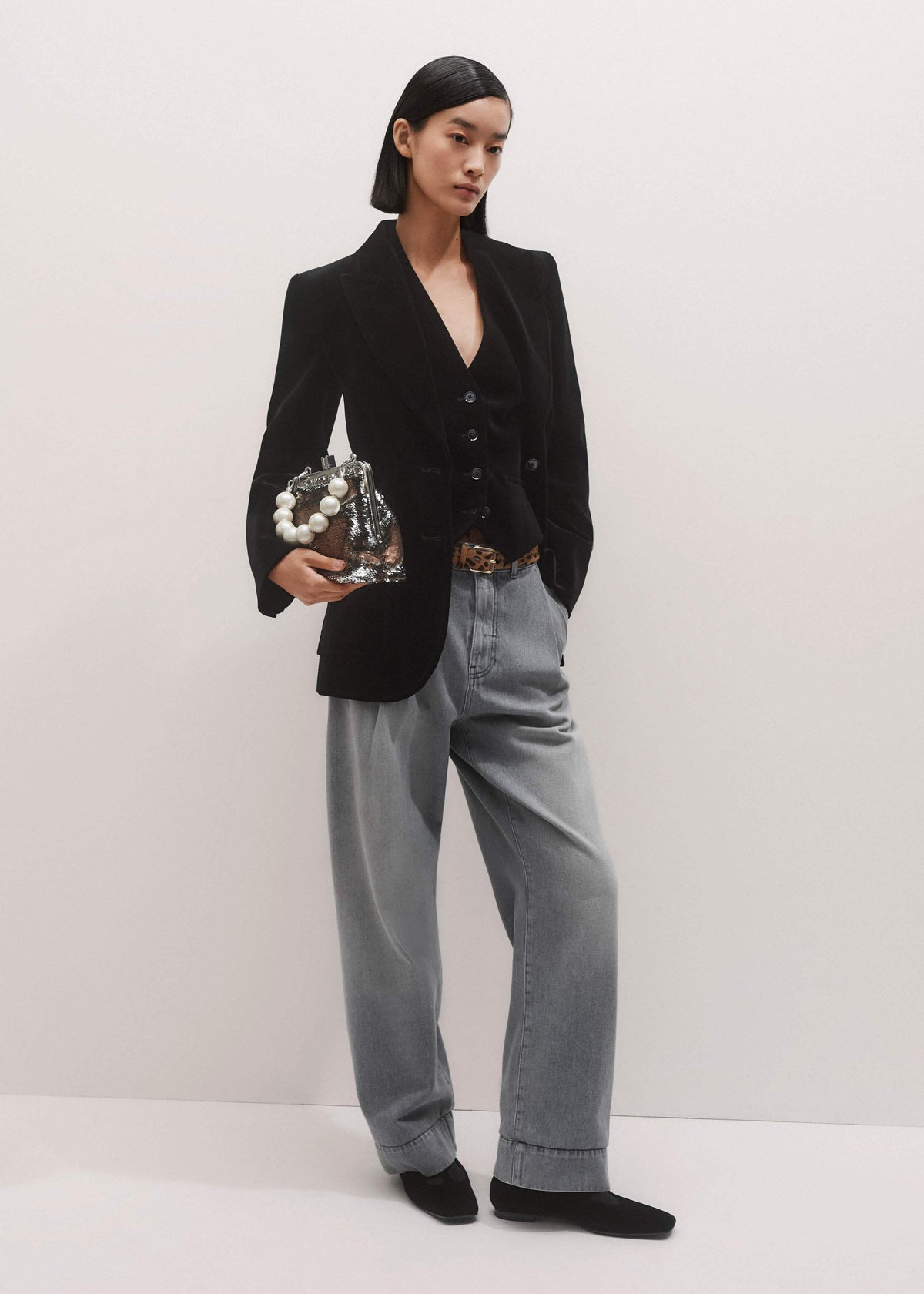 Black Stretch Velvet Sharp Shoulder Blazer | ME+EM Clothing