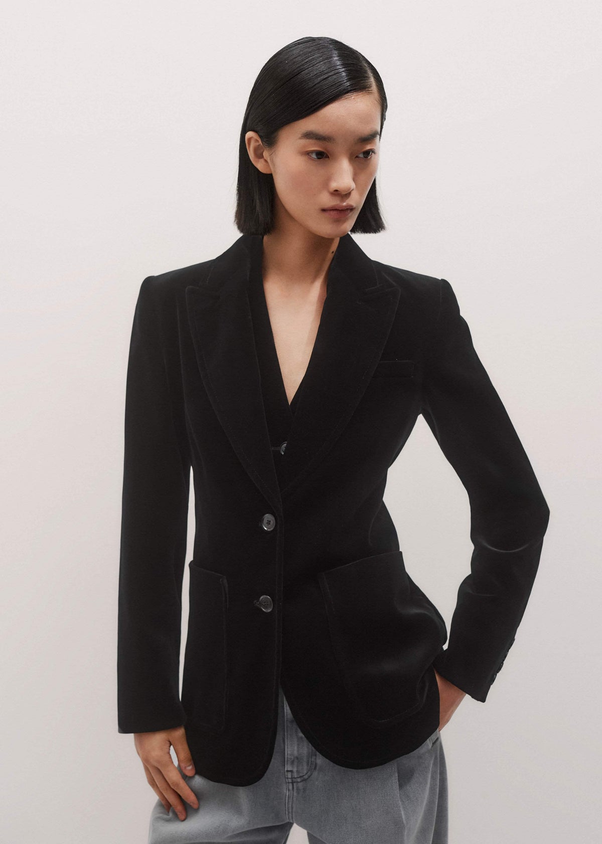 Black Stretch Velvet Sharp Shoulder Blazer | ME+EM Clothing