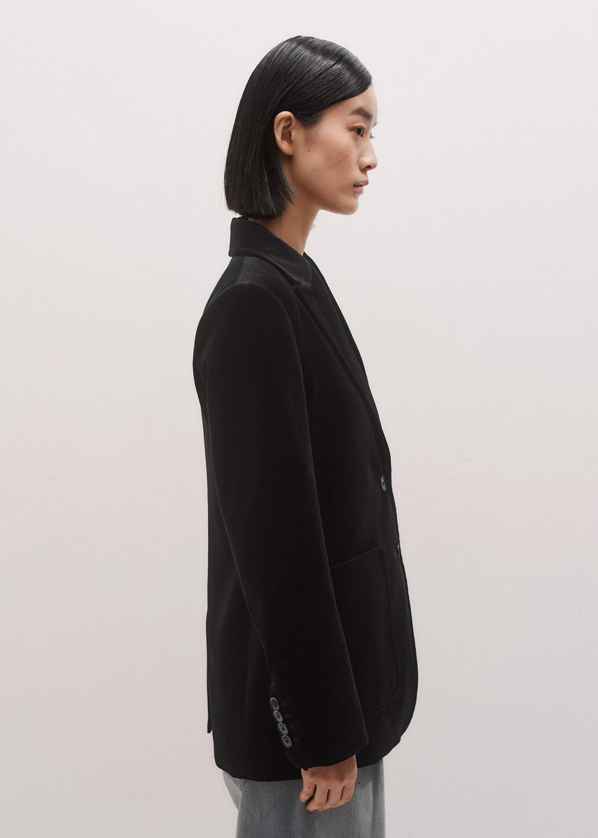 Black Stretch Velvet Sharp Shoulder Blazer | ME+EM Clothing