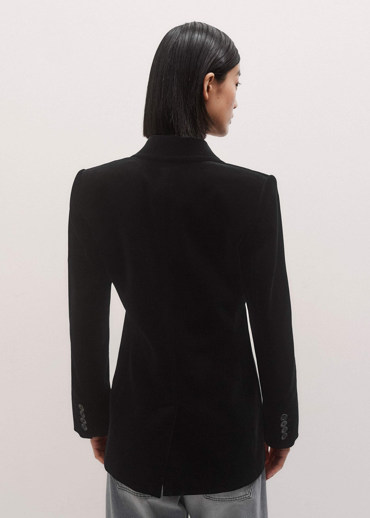 Black Stretch Velvet Sharp Shoulder Blazer | ME+EM Clothing