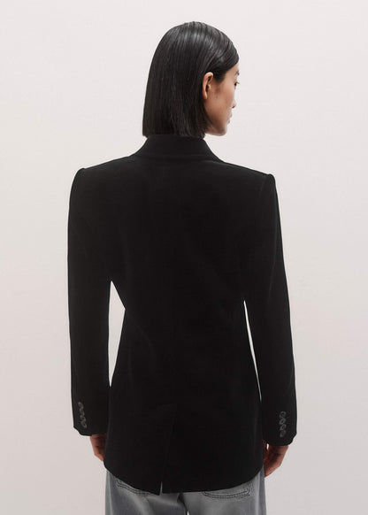 Black Stretch Velvet Sharp Shoulder Blazer | ME+EM Clothing