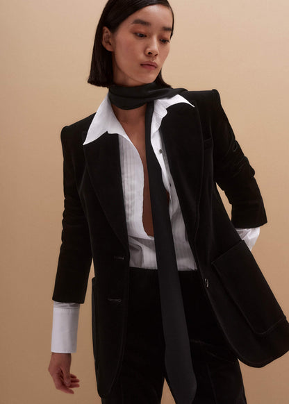 Black Stretch Velvet Sharp Shoulder Blazer | ME+EM Clothing