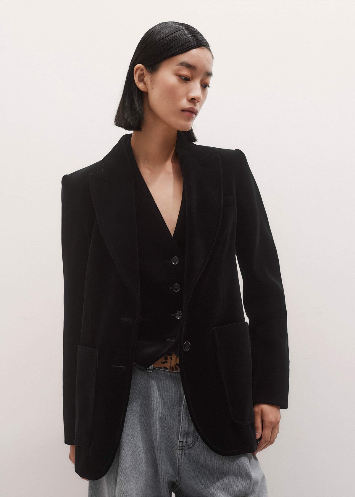 Black Stretch Velvet Sharp Shoulder Blazer | ME+EM Clothing