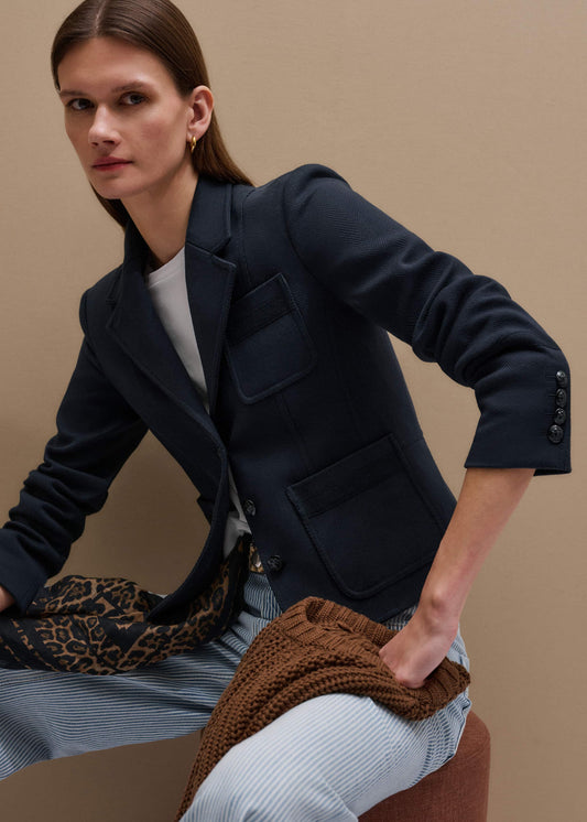 Navy Herringbone Fitted Crop Jacket | ME+EM Clothing