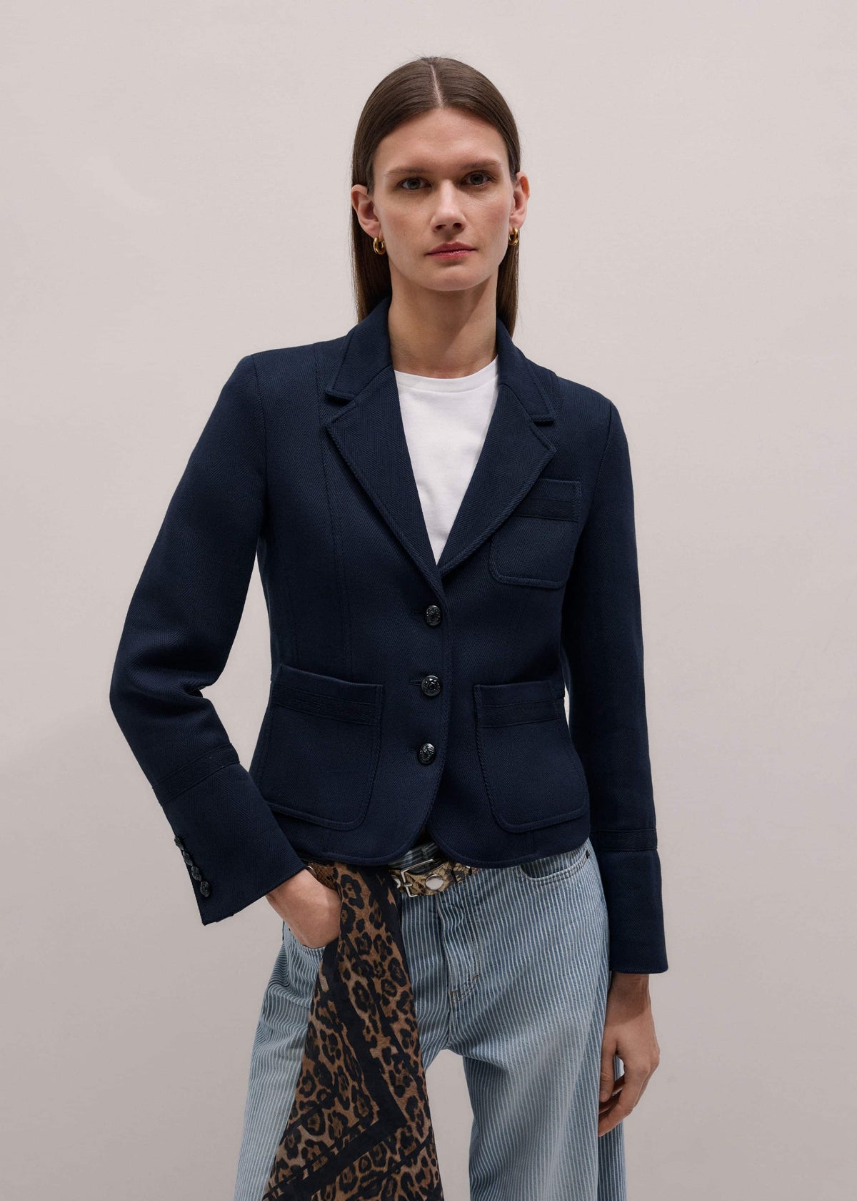 Navy Herringbone Fitted Crop Jacket | ME+EM Clothing